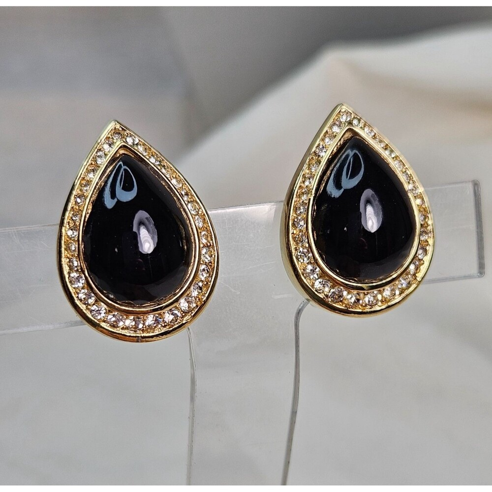 CHRISTIAN DIOR 90s Gold Tone Rhinestone Black Pear Cabochon Clip Earrings EUC